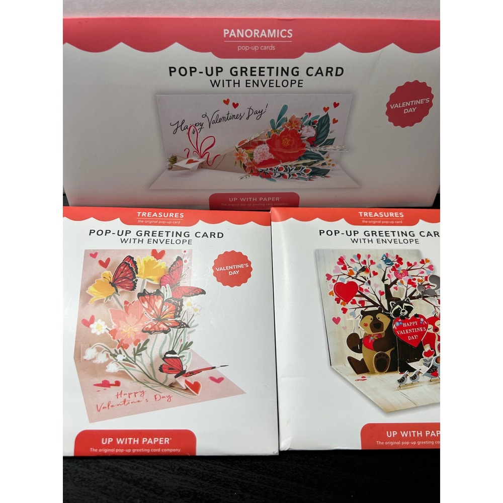 Up With Paper Valentine Pop-Up Greeting Card Set 3pk Red Pink NEW 3D Treasures